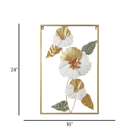 metal wall frame 3 flower 4 leaves rectangle golden 24"x16" china