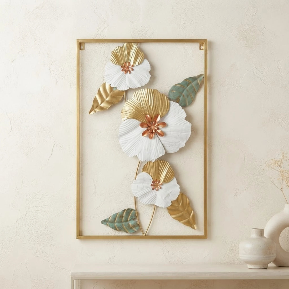 metal wall frame 3 flower 4 leaves rectangle golden 24"x16" china
