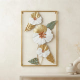 metal wall frame 3 flower 4 leaves rectangle golden 24"x16" china