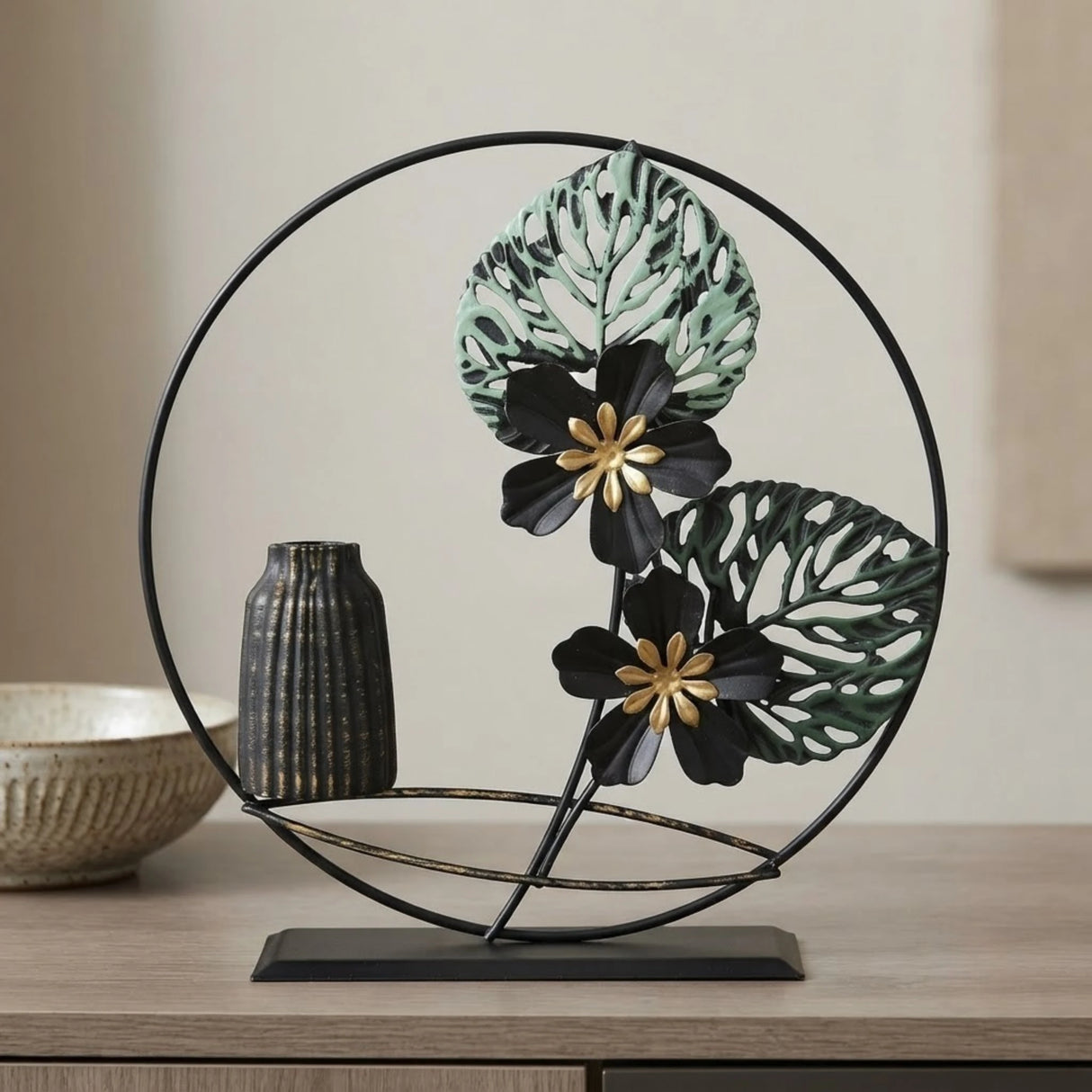 table decorative metal ring flower vase black 8"x8"china
