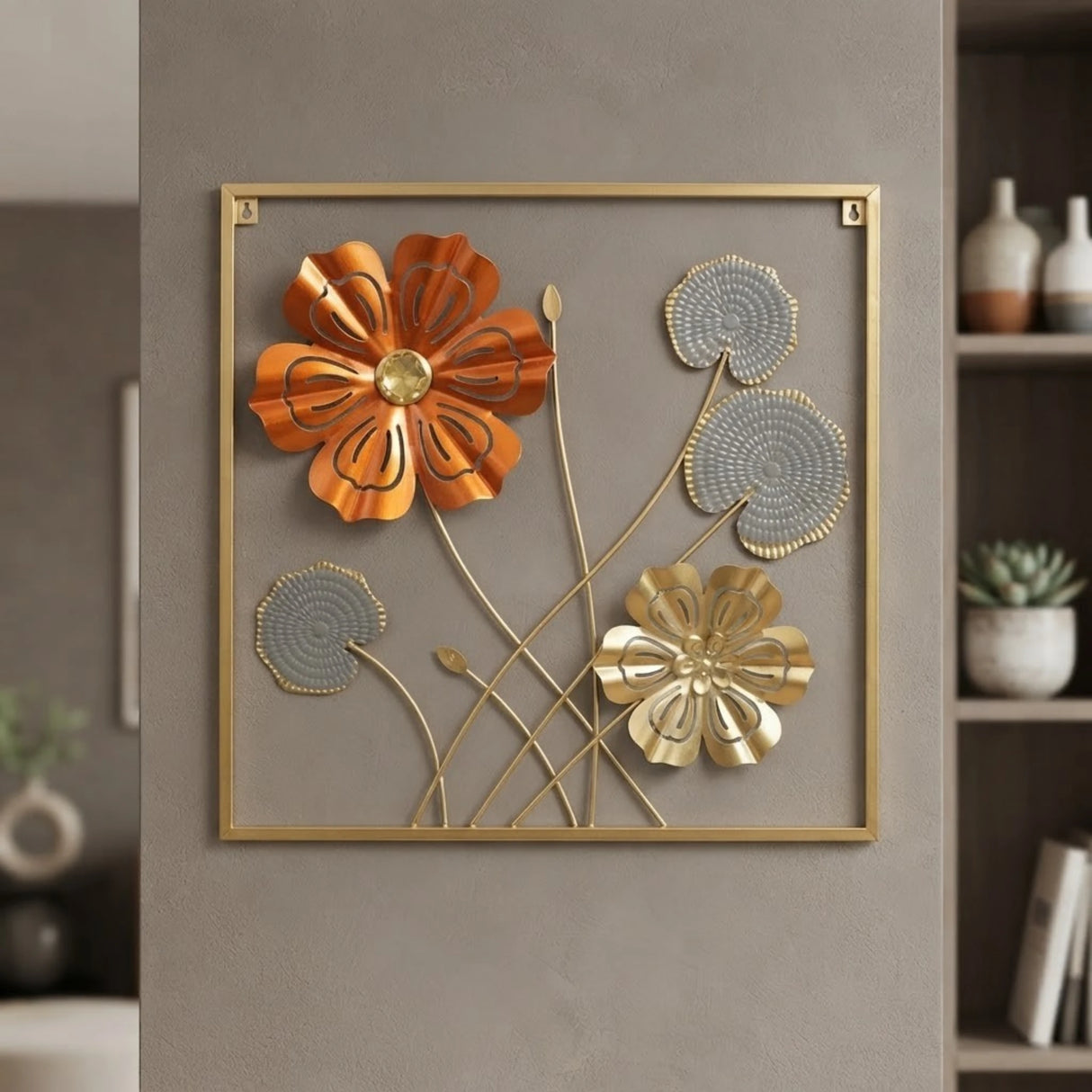 metal wall frame 2 flower 5 leaves square golden 18"x18" china