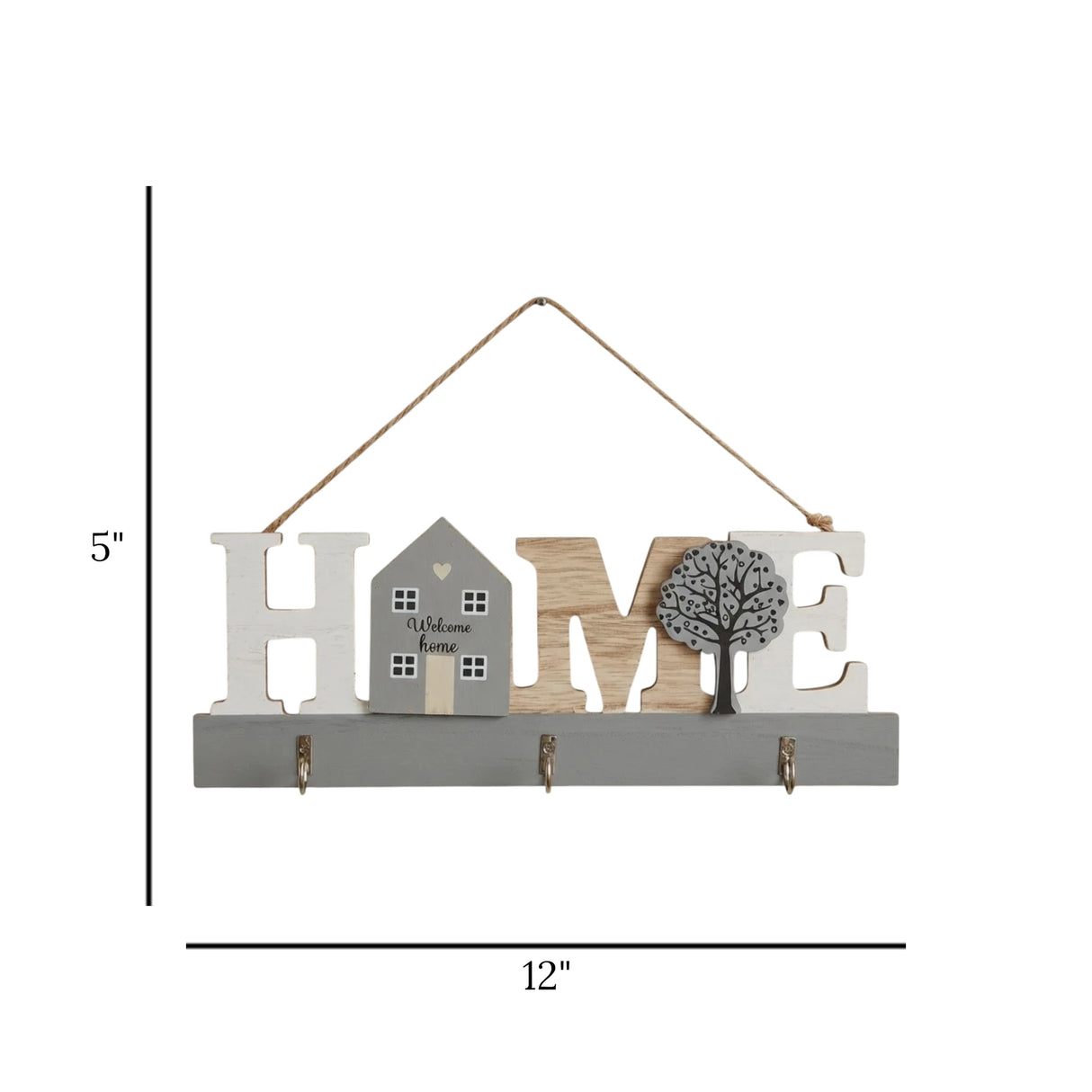 key hook wooden 3s home grey & white 12"x5" china