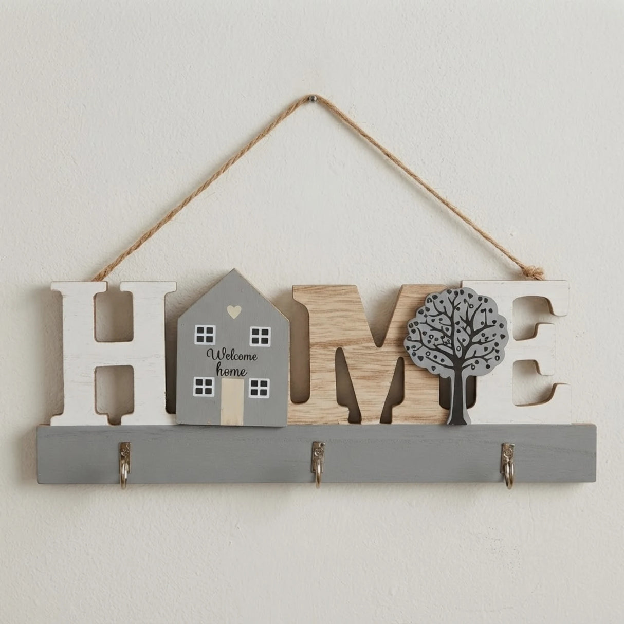 key hook wooden 3s home grey & white 12"x5" china