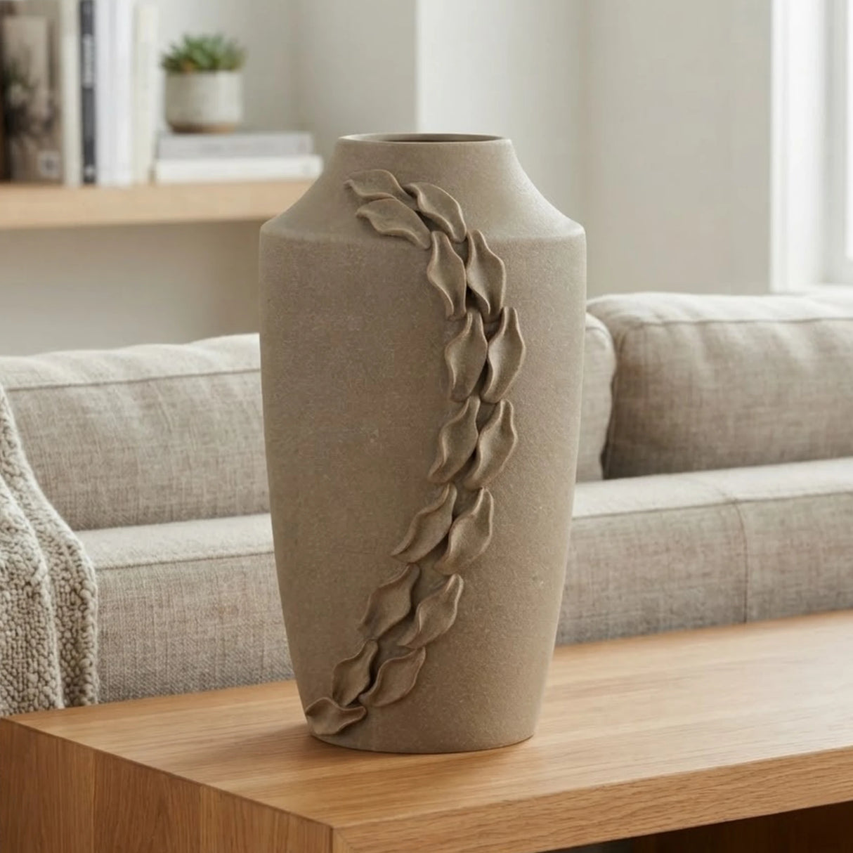 ceramic vase sculpted leaves dusty large 14''x7'' china