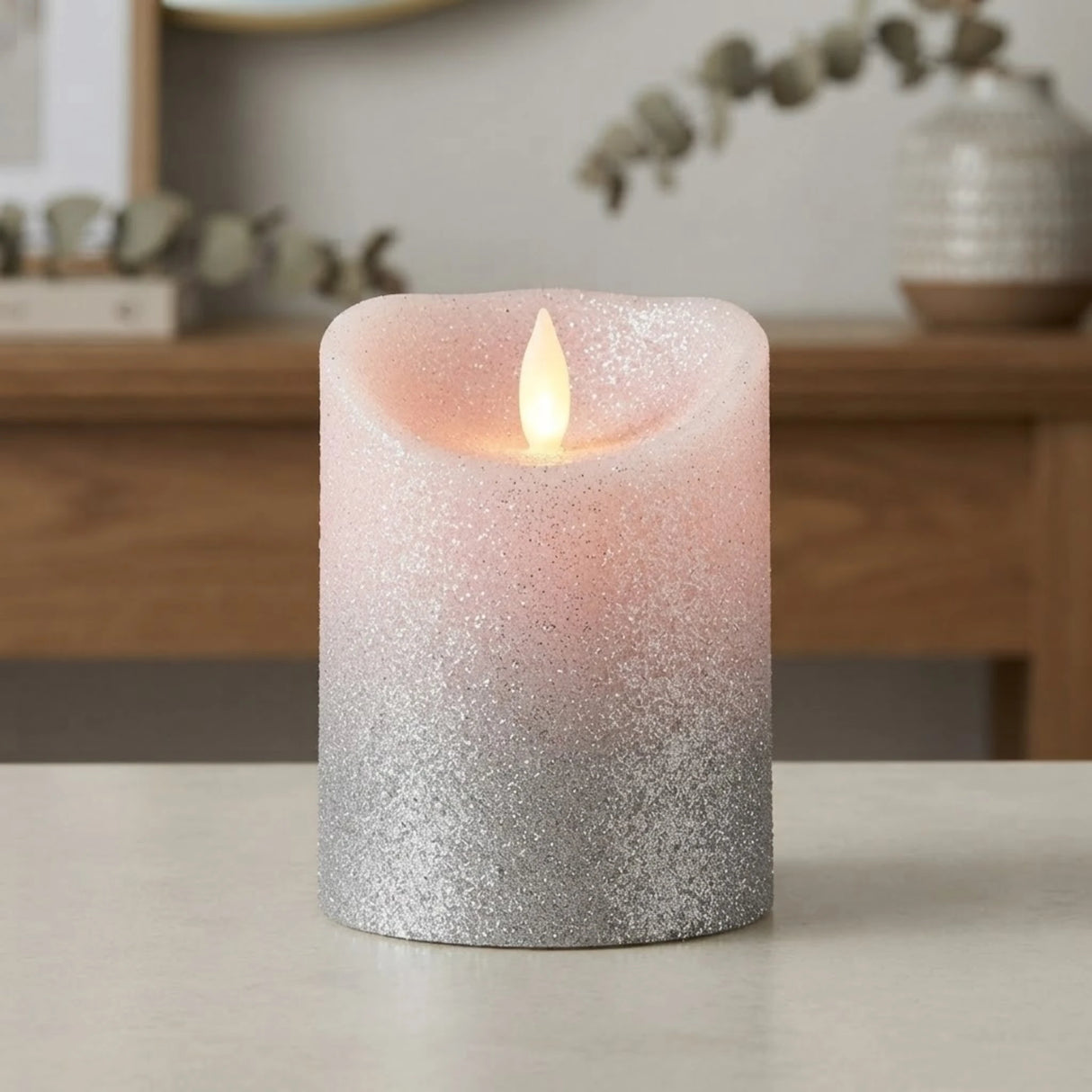 led candle with moving flame glitter white small 4"x3" china