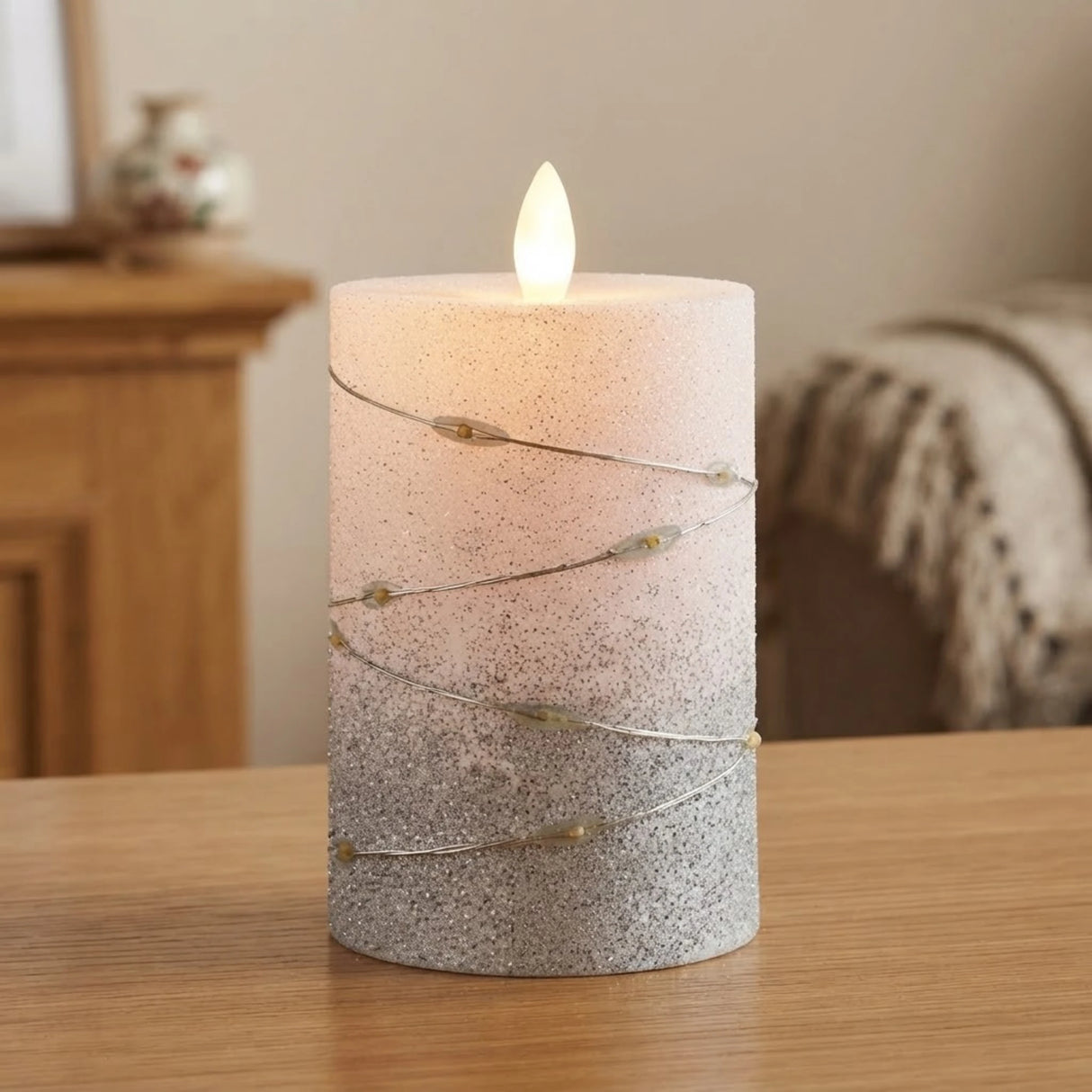 led candle with moving flame glitter white large 5"x3" china