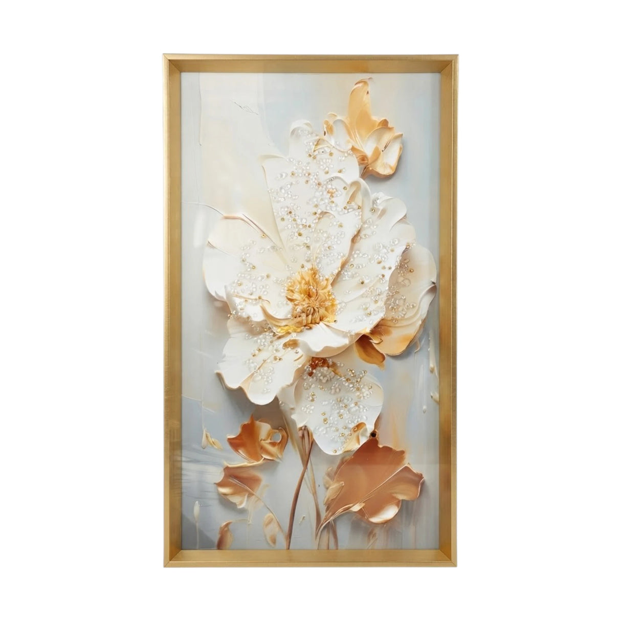 scenery frame crystal stone white & golden floral art 24"x12" china