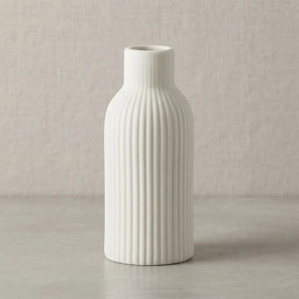 ceramic vase ribbed lines white medium 8''x3'' china