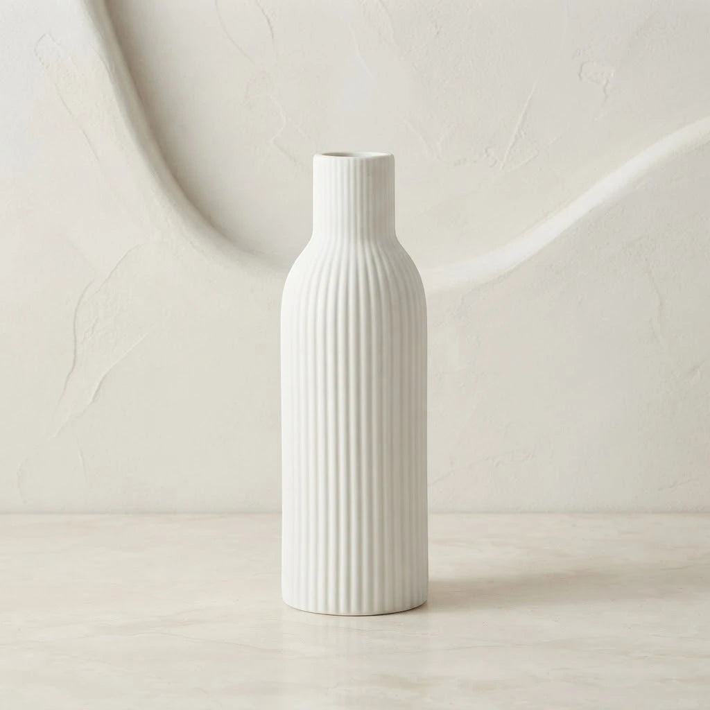 ceramic vase ribbed lines white large 10''x3'' china