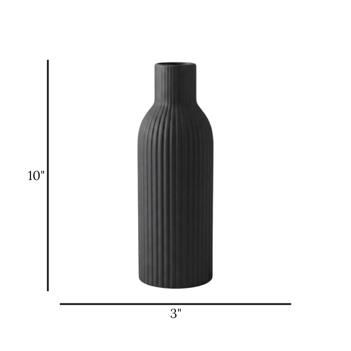 ceramic vase ribbed lines black large 10''x3'' china