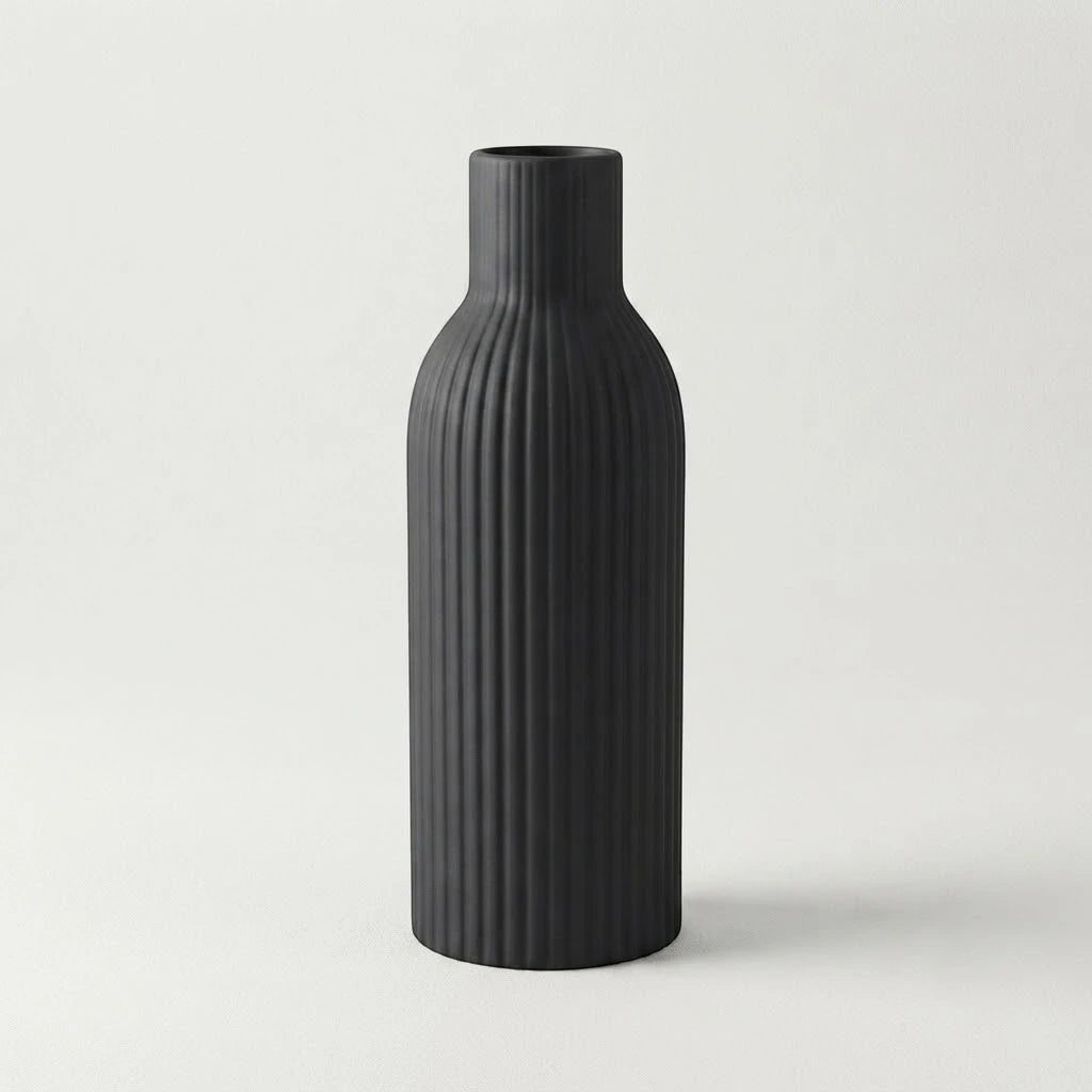 ceramic vase ribbed lines black large 10''x3'' china