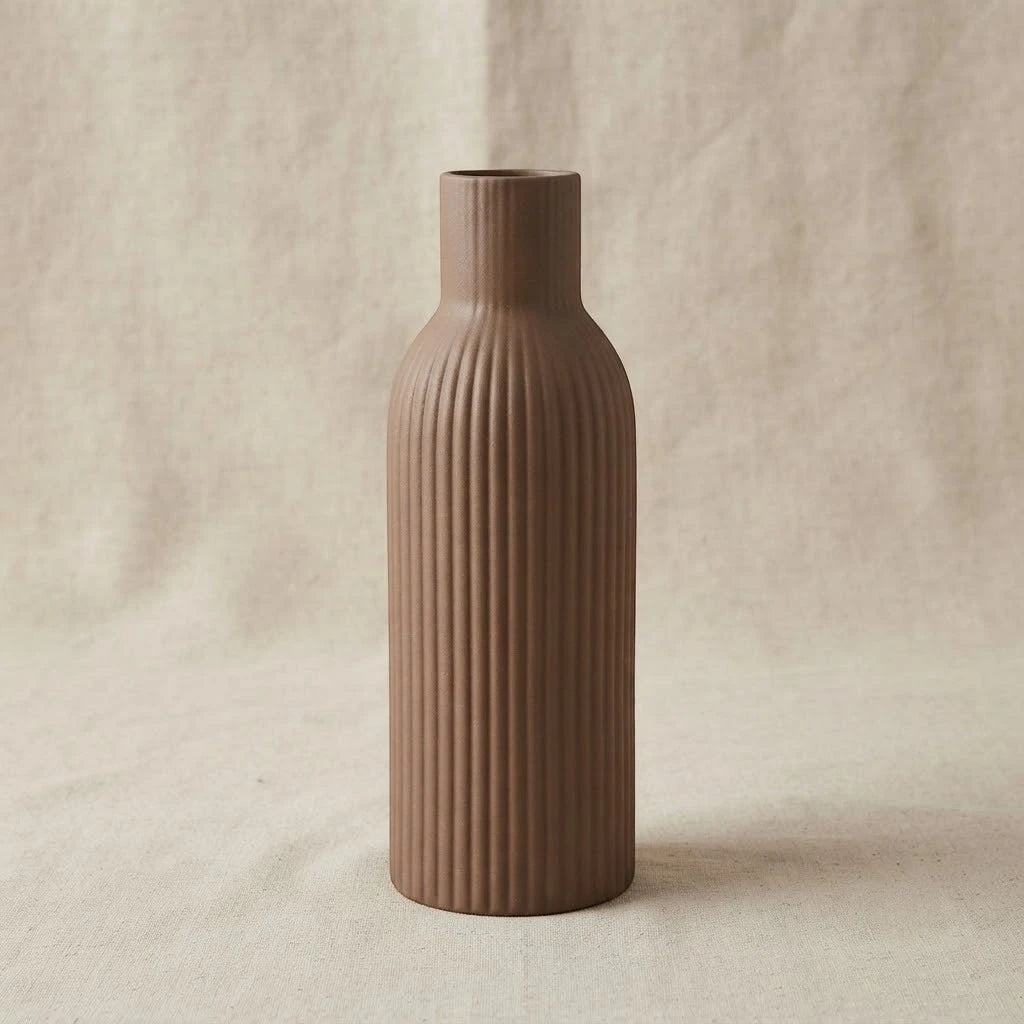 ceramic vase ribbed lines dark brown large 10''x3'' china