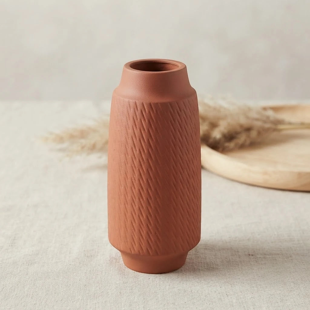ceramic vase ribbed grooved lines large dark brown 8.5"x4" china