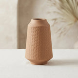 ceramic vase ribbed grooved lines medium light brown 6.5"x4" china