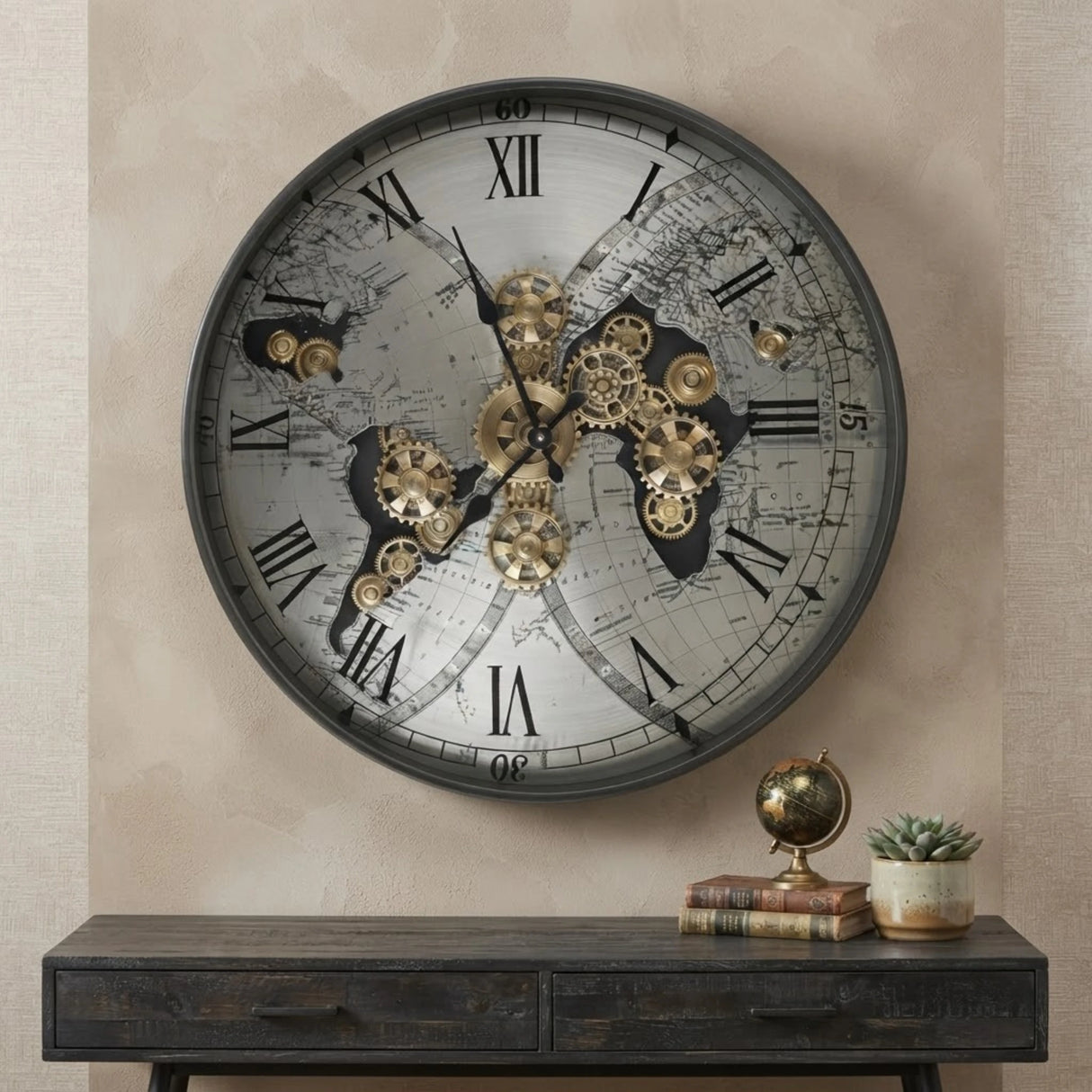 metal wall clock moving gears black & silver 40"x40" china