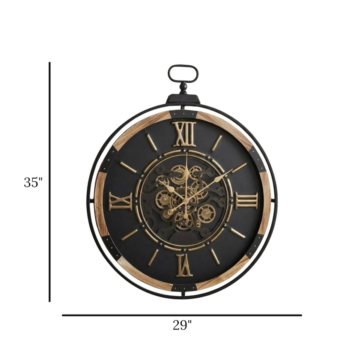 metal wall clock wooden ring  moving gears black & brown 35"x29" china