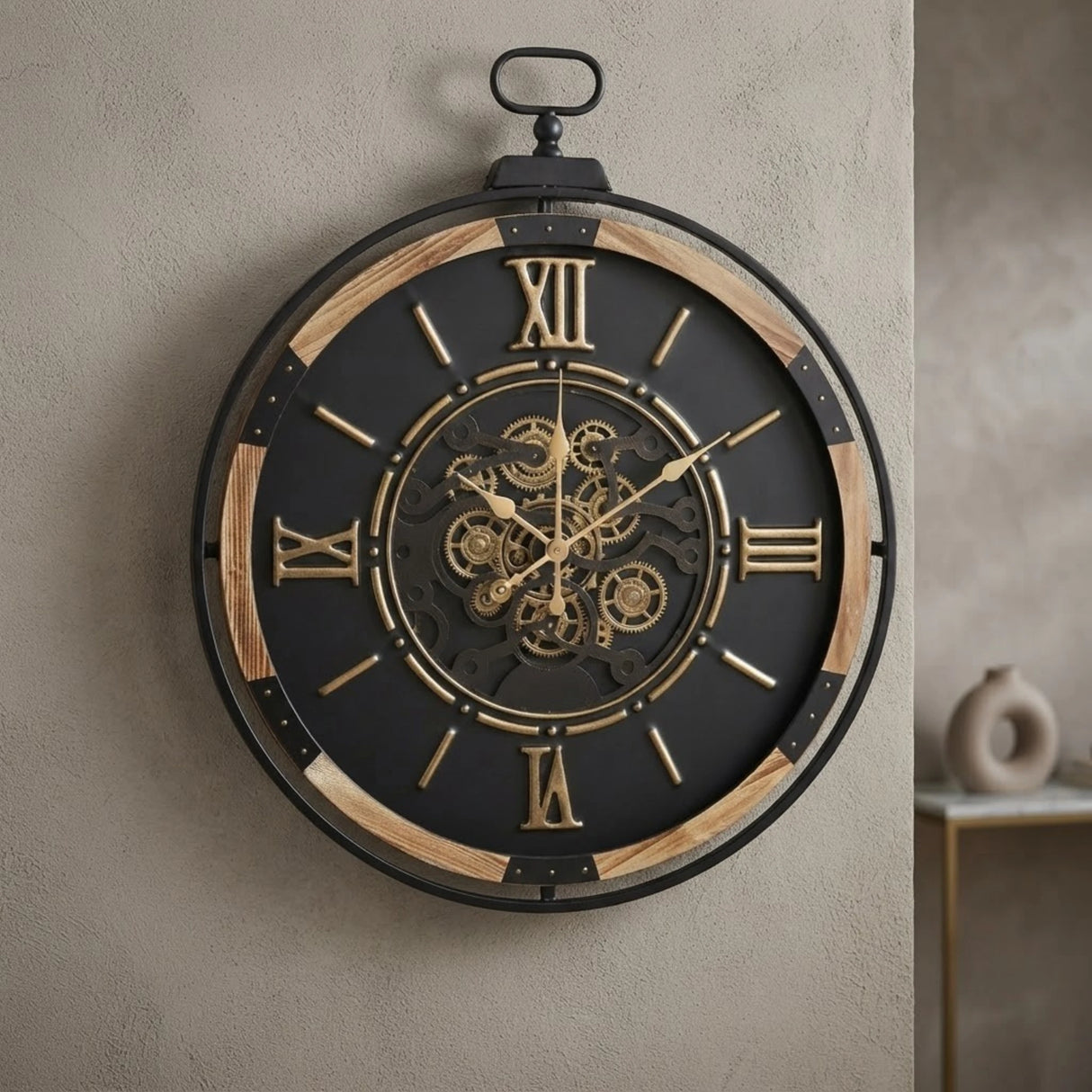 metal wall clock wooden ring  moving gears black & brown 35"x29" china