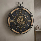 metal wall clock wooden ring  moving gears black & brown 35"x29" china