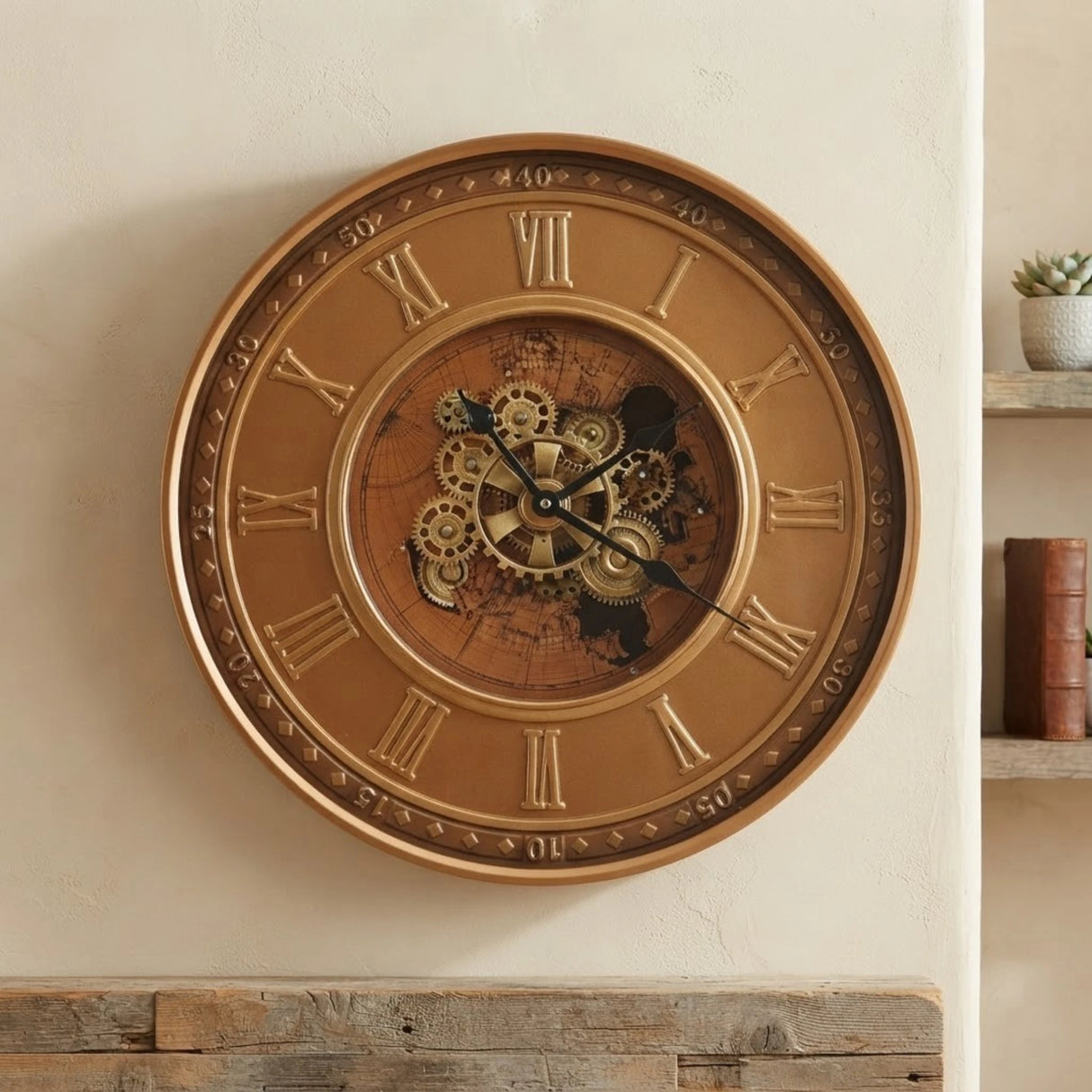 metal wall clock moving gears copper 23.5"x23.5" china