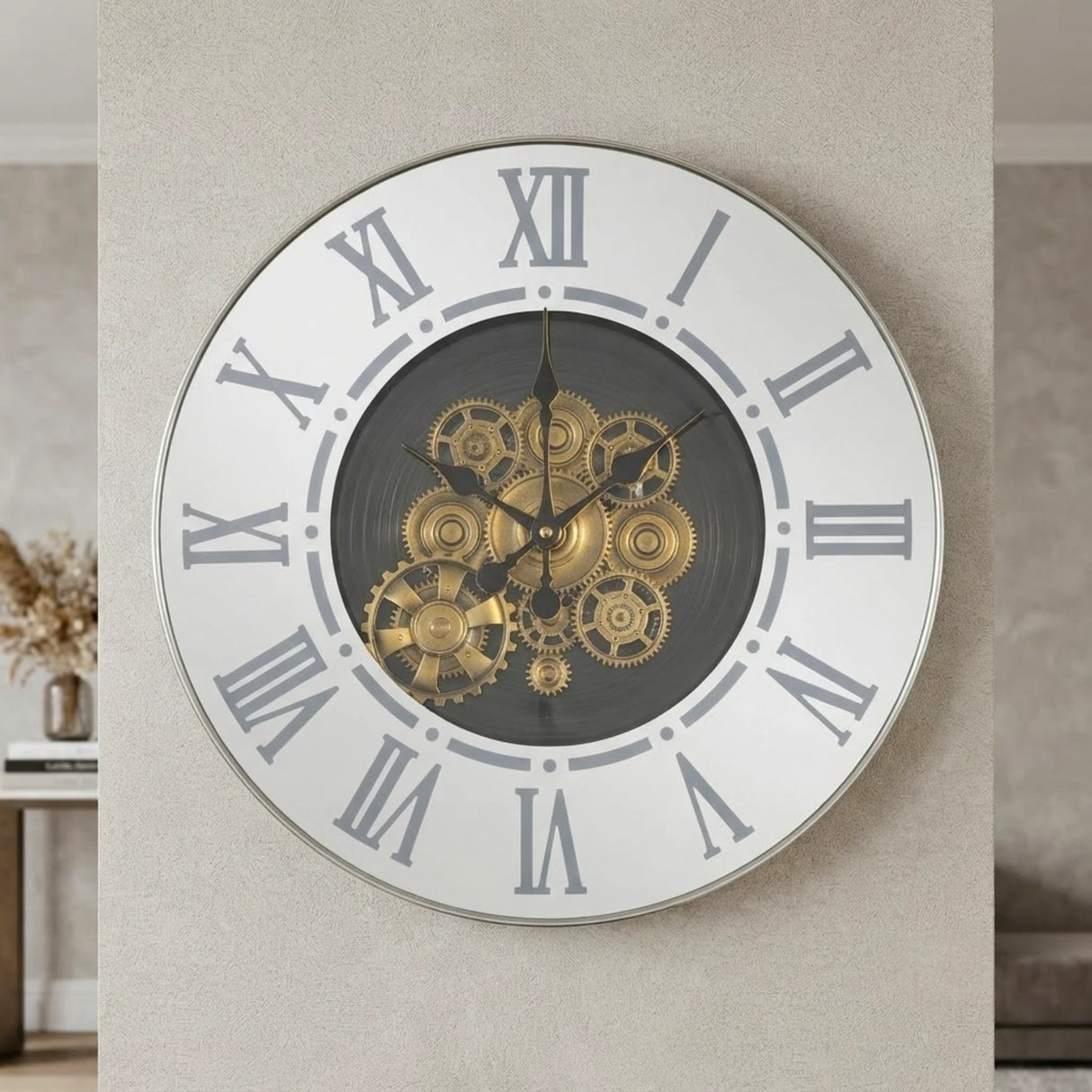 metal wall clock moving gears with light silver 23.5"x23.5" china