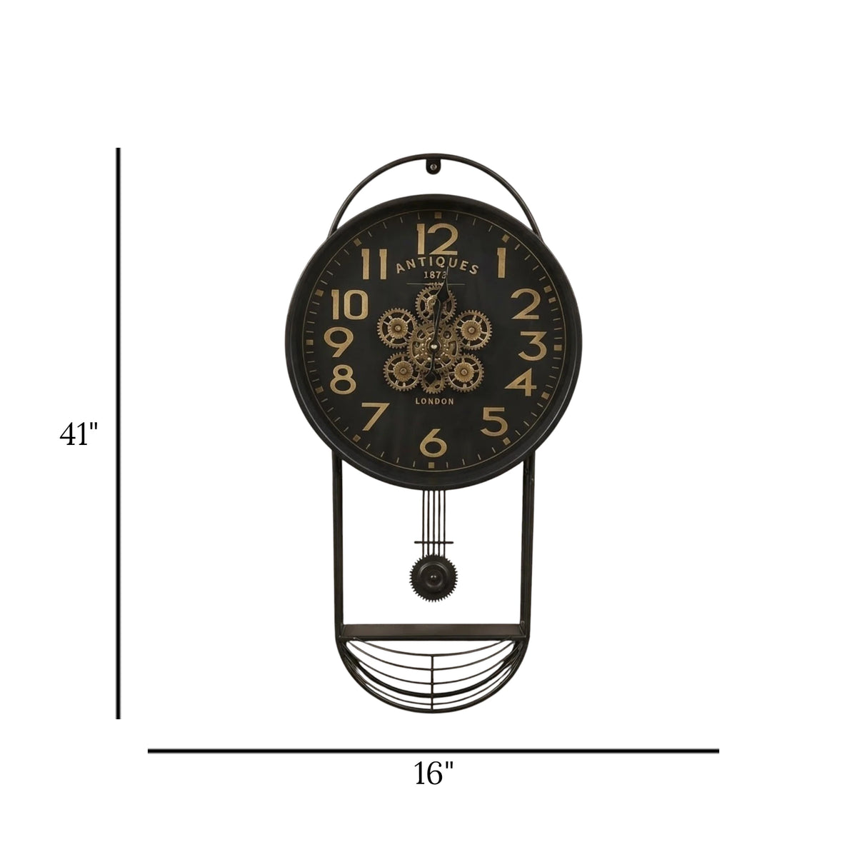 metal wall clock moving gears pendulam with shelf black 41"x16" china