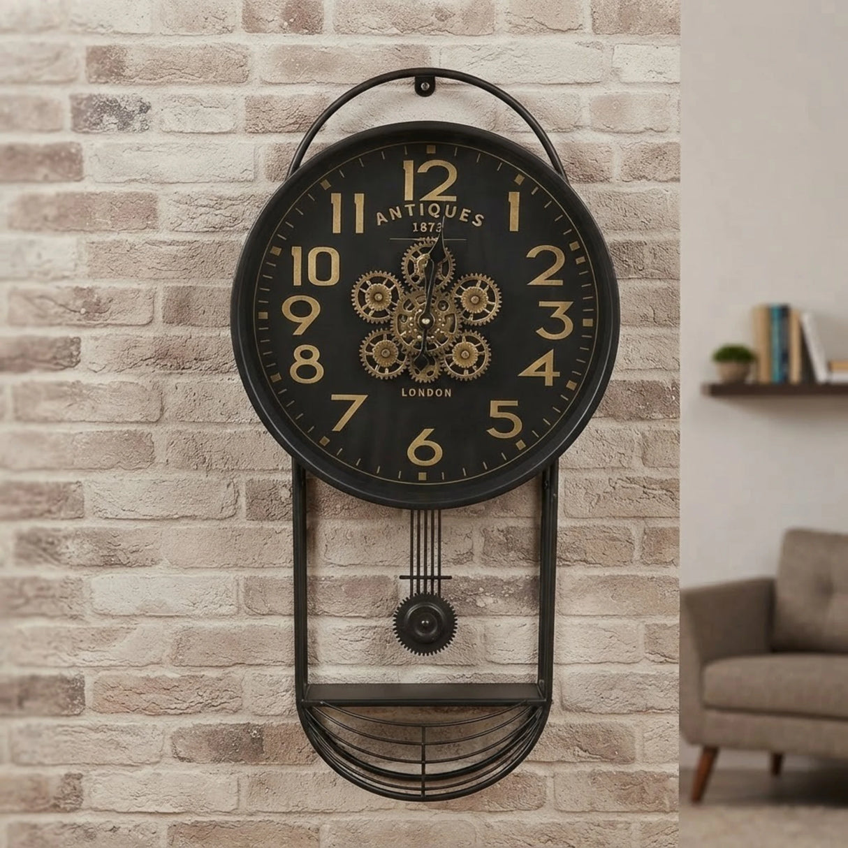 metal wall clock moving gears pendulam with shelf black 41"x16" china