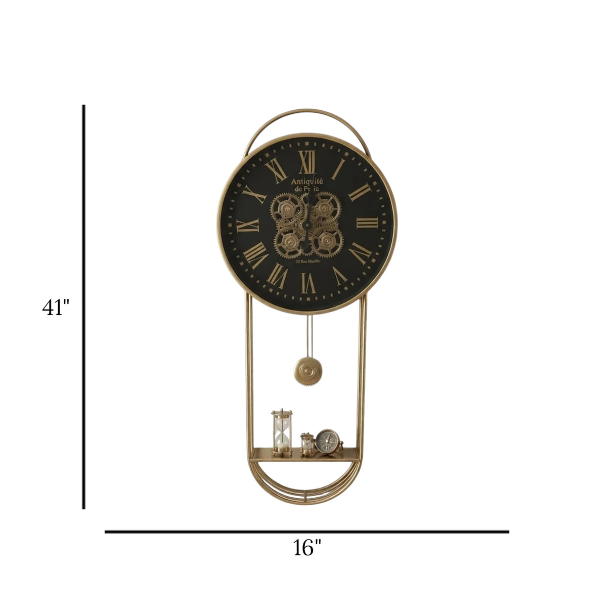 metal wall clock moving gears pendulam with shelf golden 41"x16" china