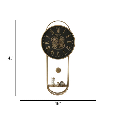 metal wall clock moving gears pendulam with shelf golden 41"x16" china