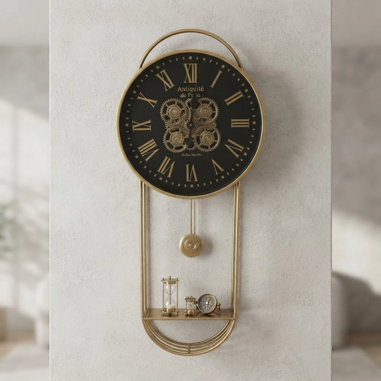 metal wall clock moving gears pendulam with shelf golden 41"x16" china