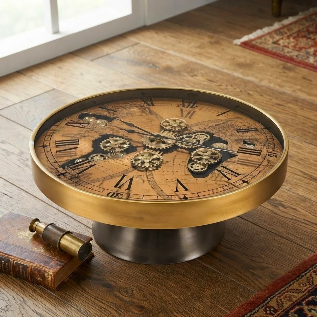 metal table clock moving gears golden & brown 15"x39.5 china