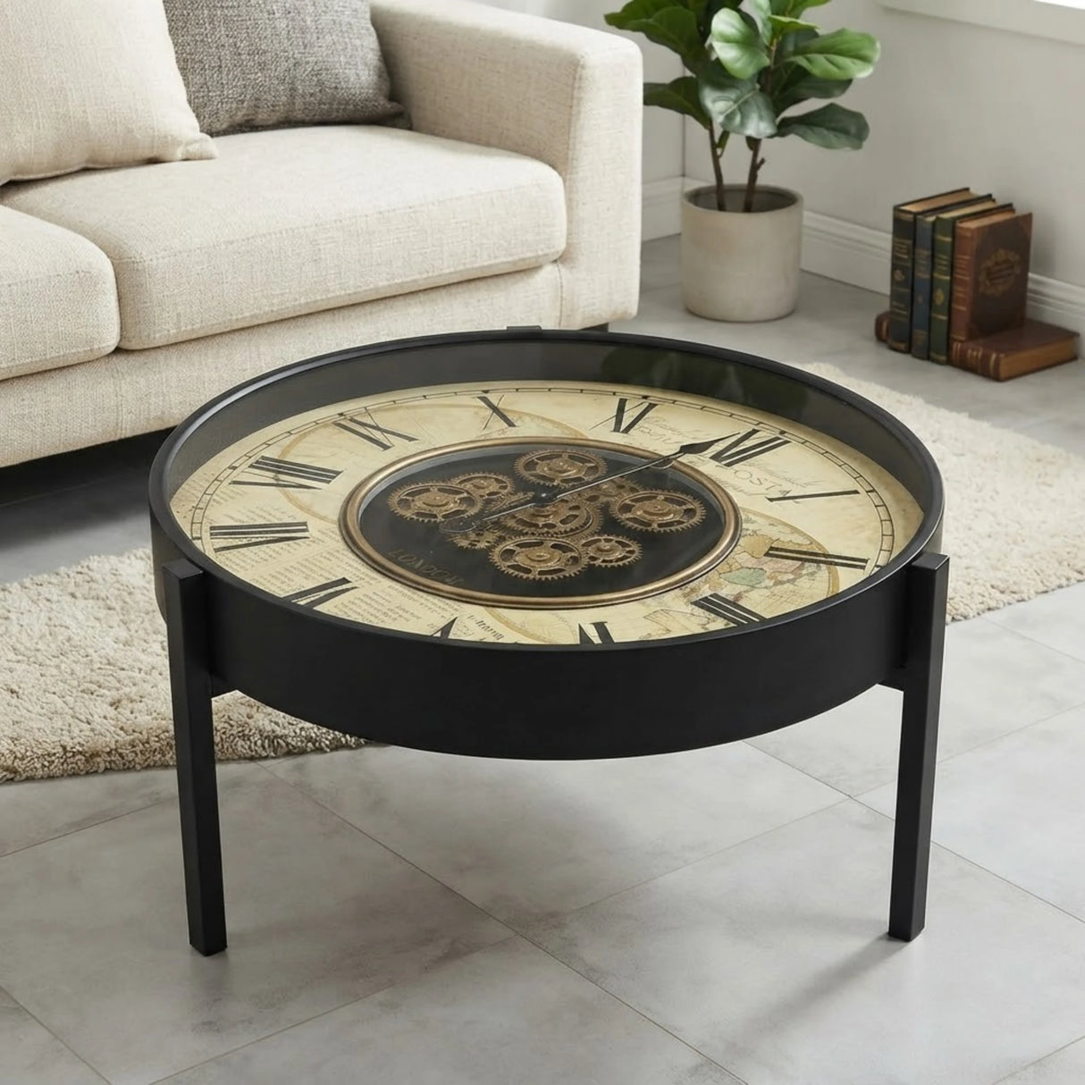 metal table clock moving gears black & cream small 15"x24" china