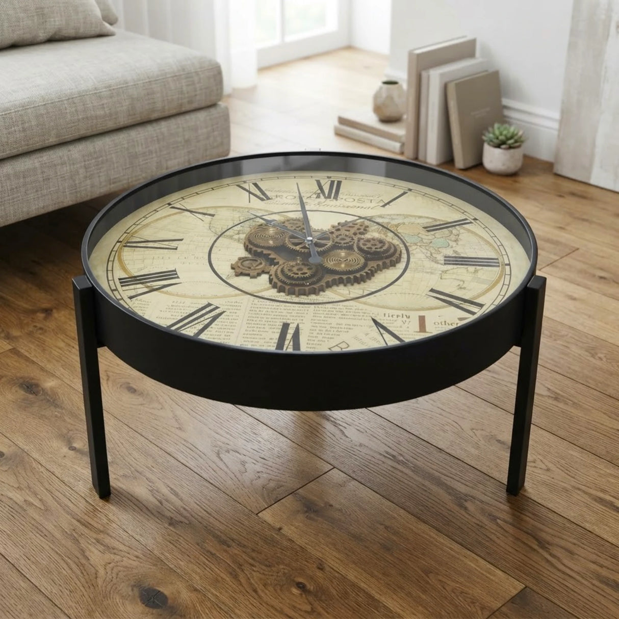 metal table clock moving gears black & cream large 18"x32.5" china
