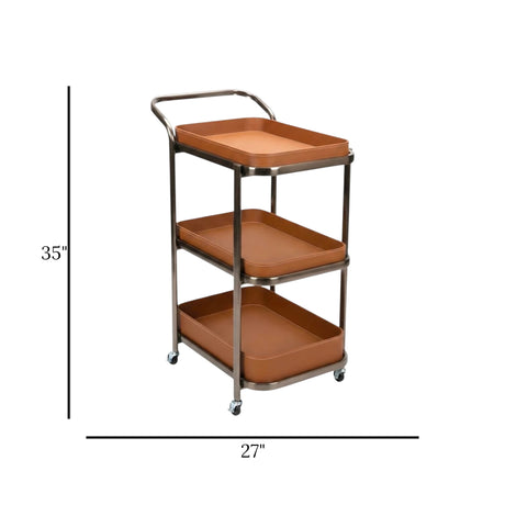 metal tea trolley 3 leather tray black & brown 35"x27" china