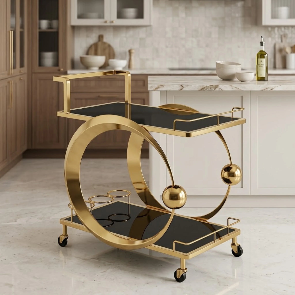 metal tea trolley 2 layer black & golden ring ball 34"x29" china