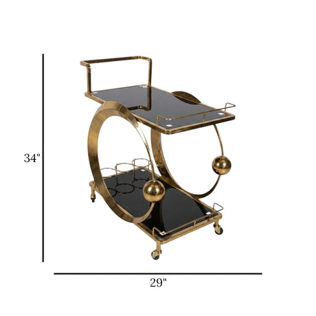 metal tea trolley 2 layer black & golden ring ball 34"x29" china