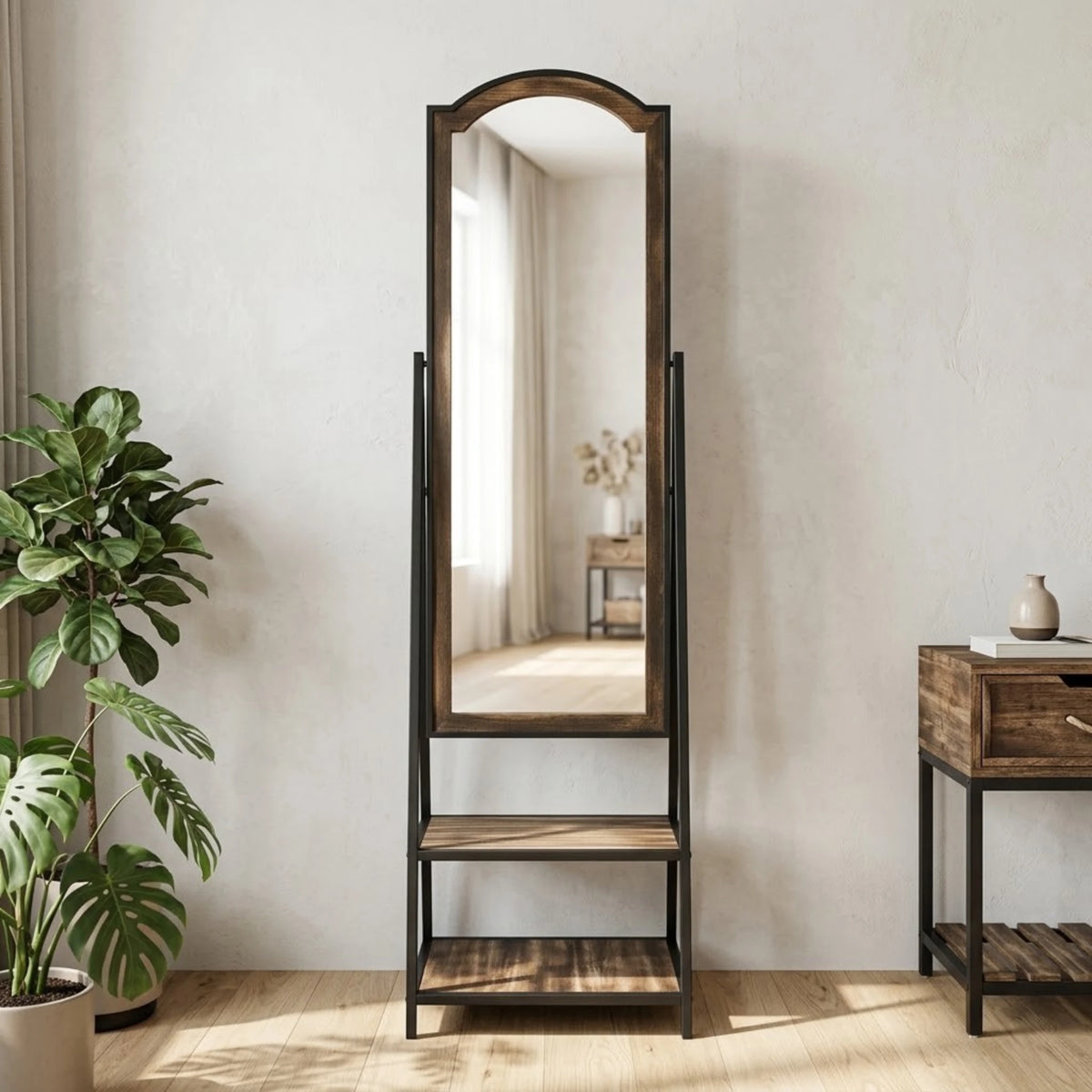 metal standing mirror with wooden 2 shelf black 66"x18" china