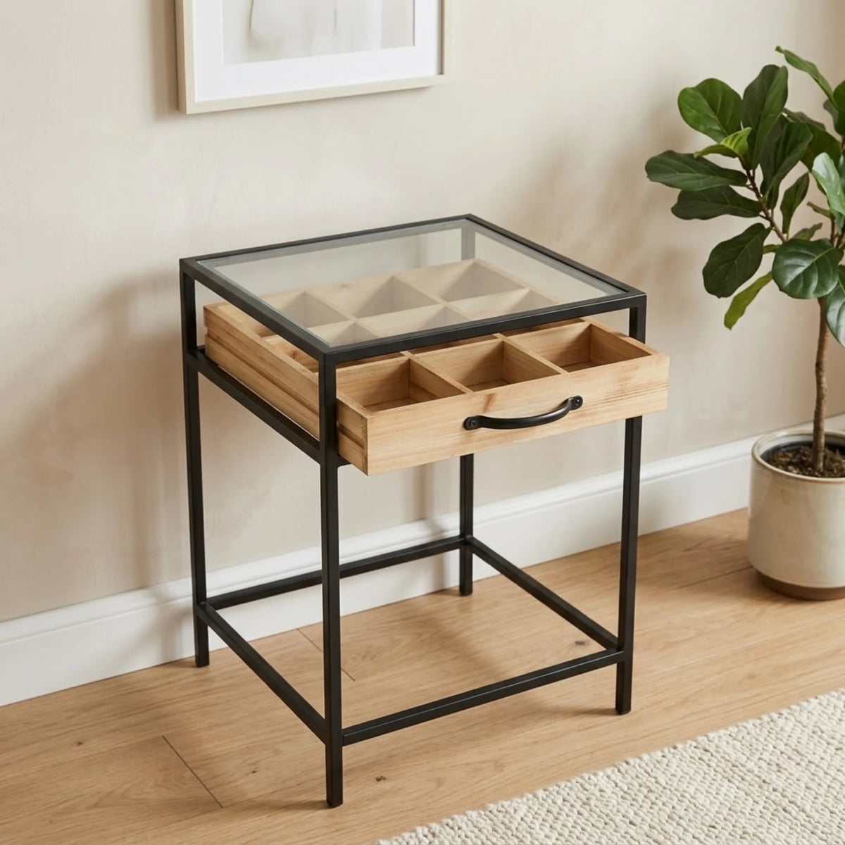 metal table glass & wooden draw 9s black small 19''x13'' china