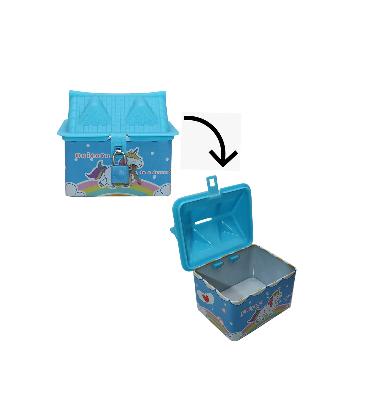 metal coin box house with unicorn in a dream 031
