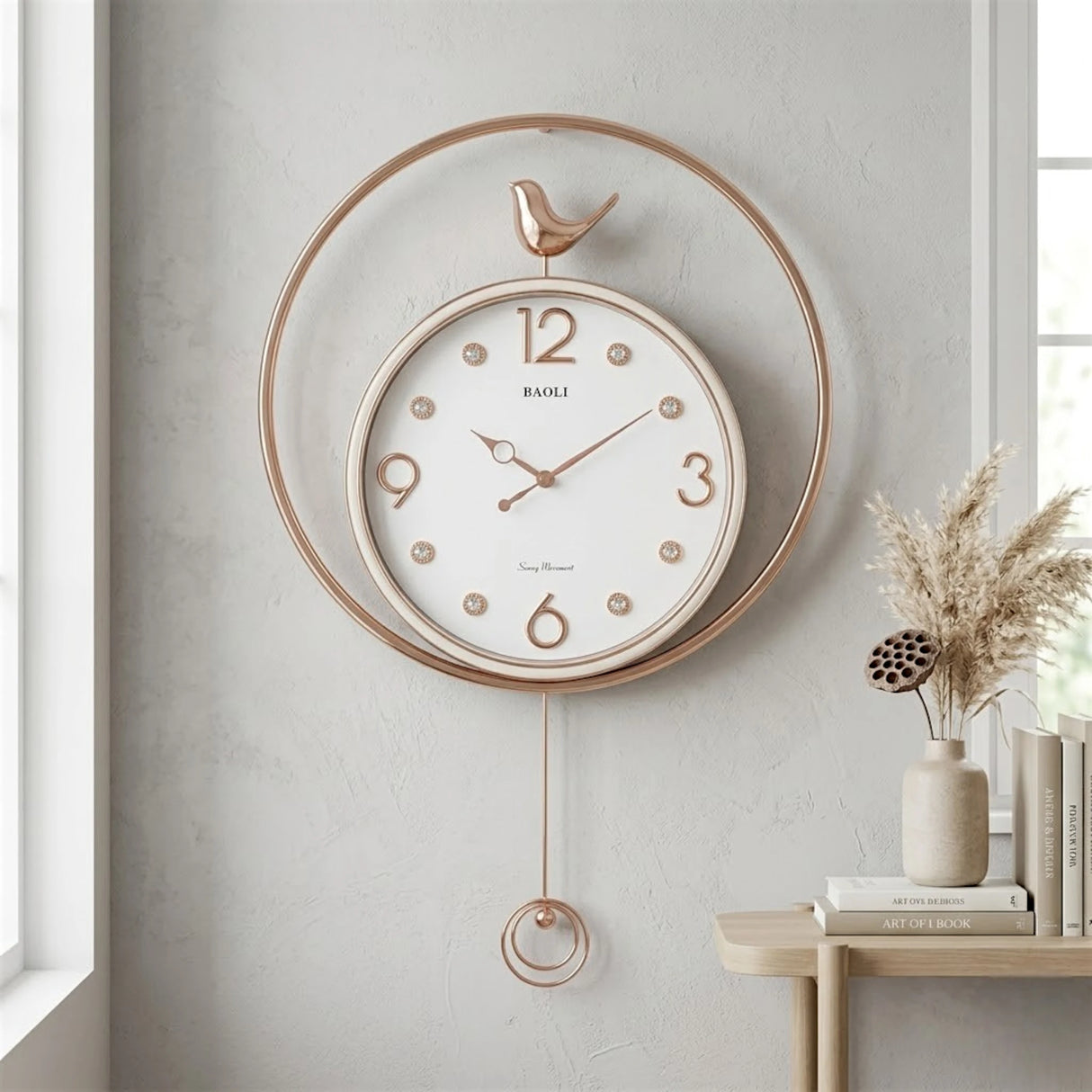 fancy wall clock white & golden sparrow pendulam 16"x16" china