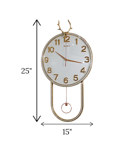 wall clock with golden deer & pendulum white china "25x15"