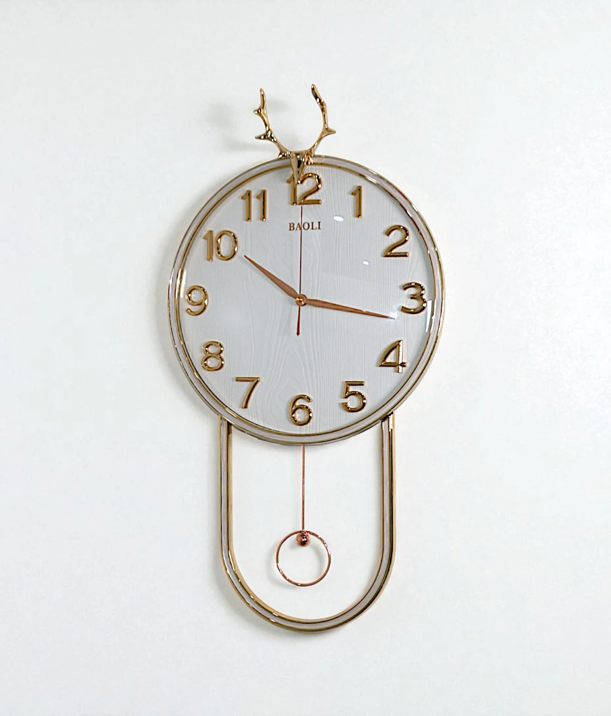 wall clock with golden deer & pendulum white china "25x15"