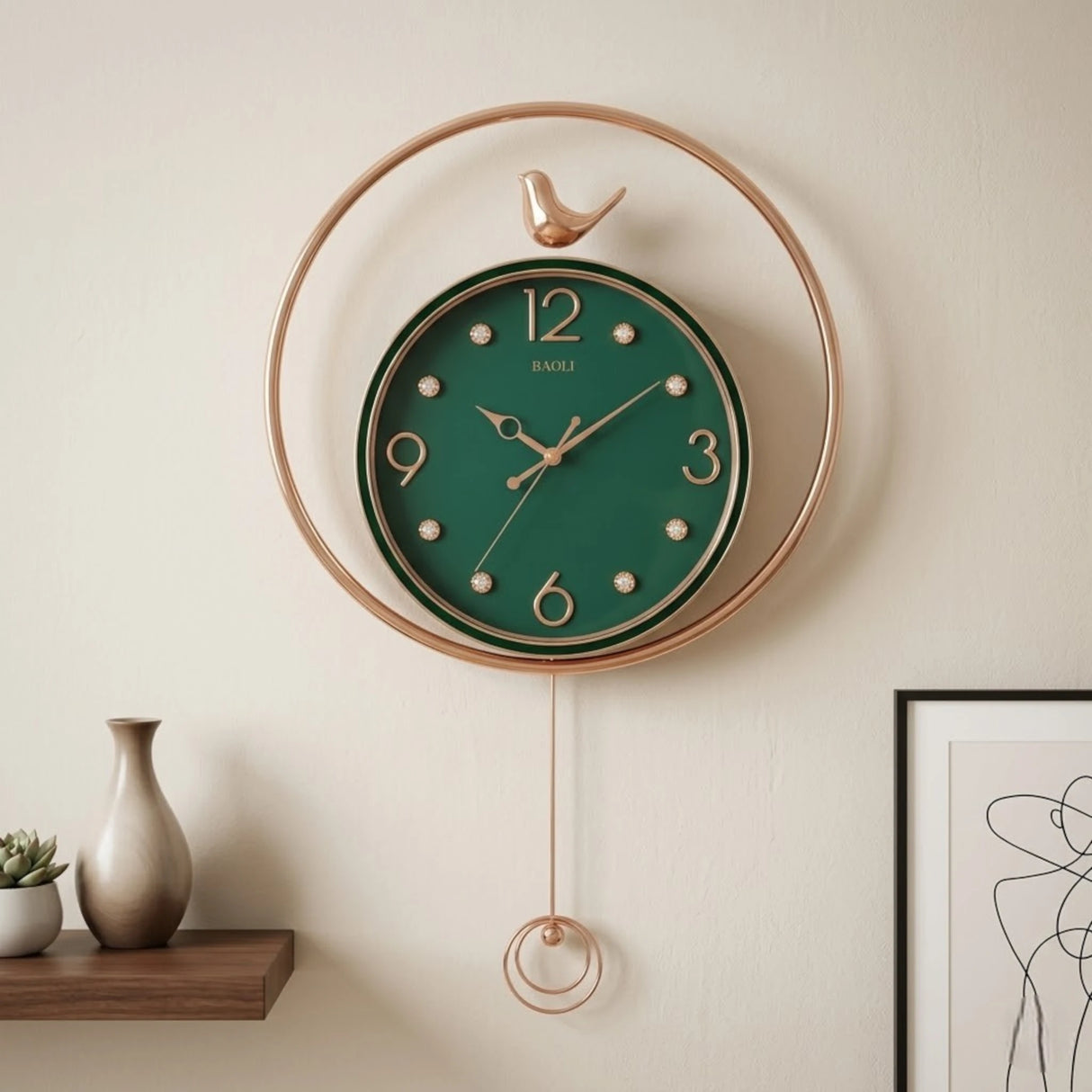 fancy wall clock green & golden sparrow pendulam 16"x16" china