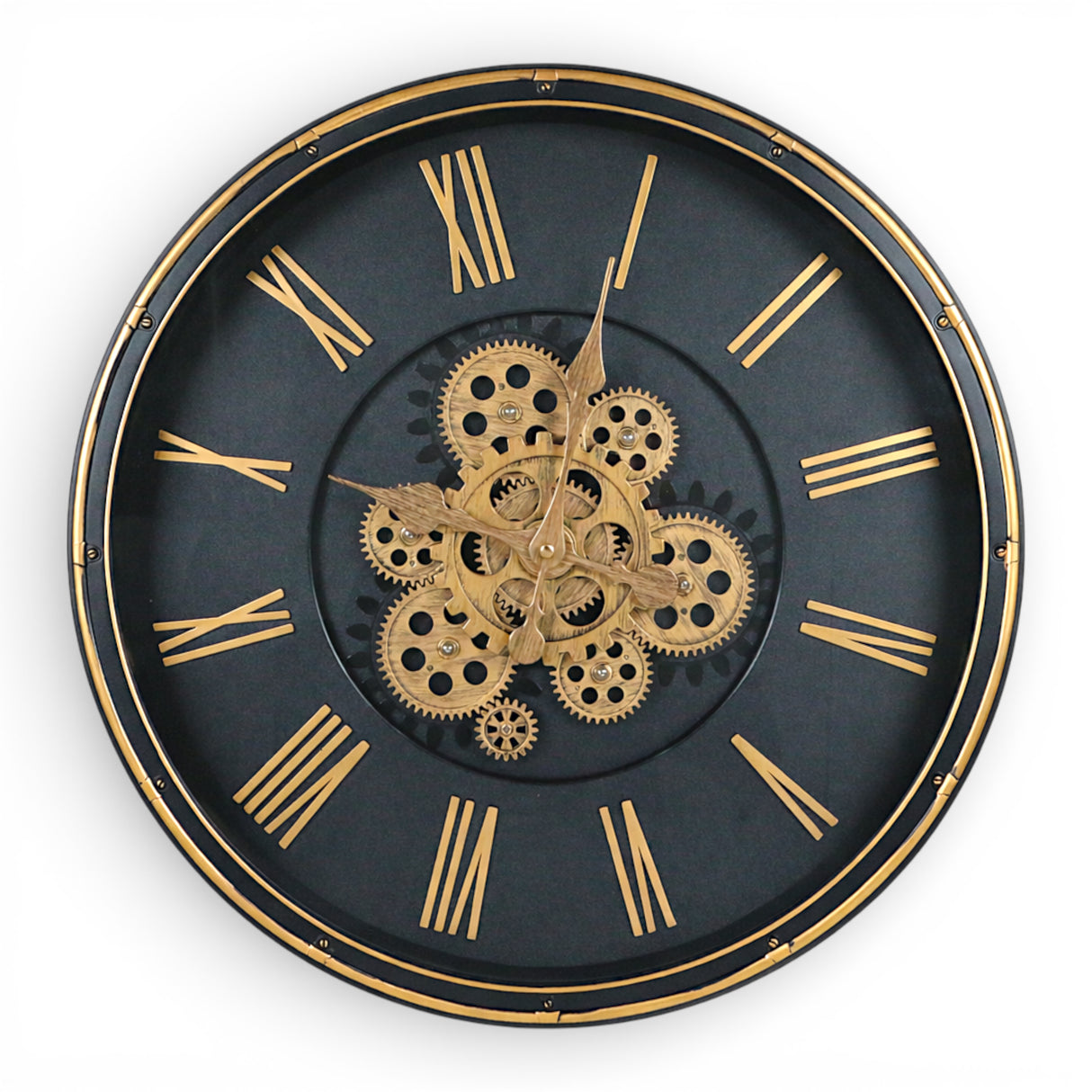 wall clock black with golden moving gear 19''x19" china