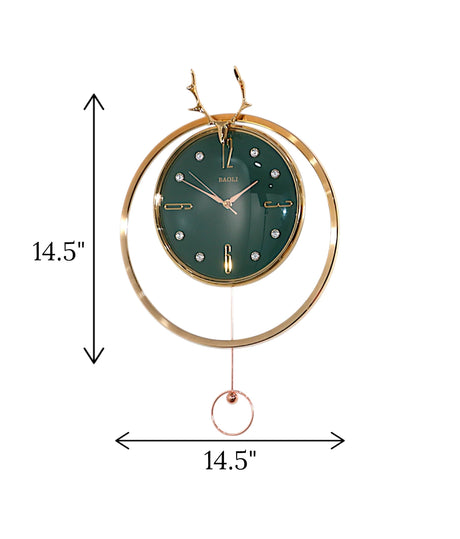 wall clock deer with pendulum golden & green china "14.5x14.5"