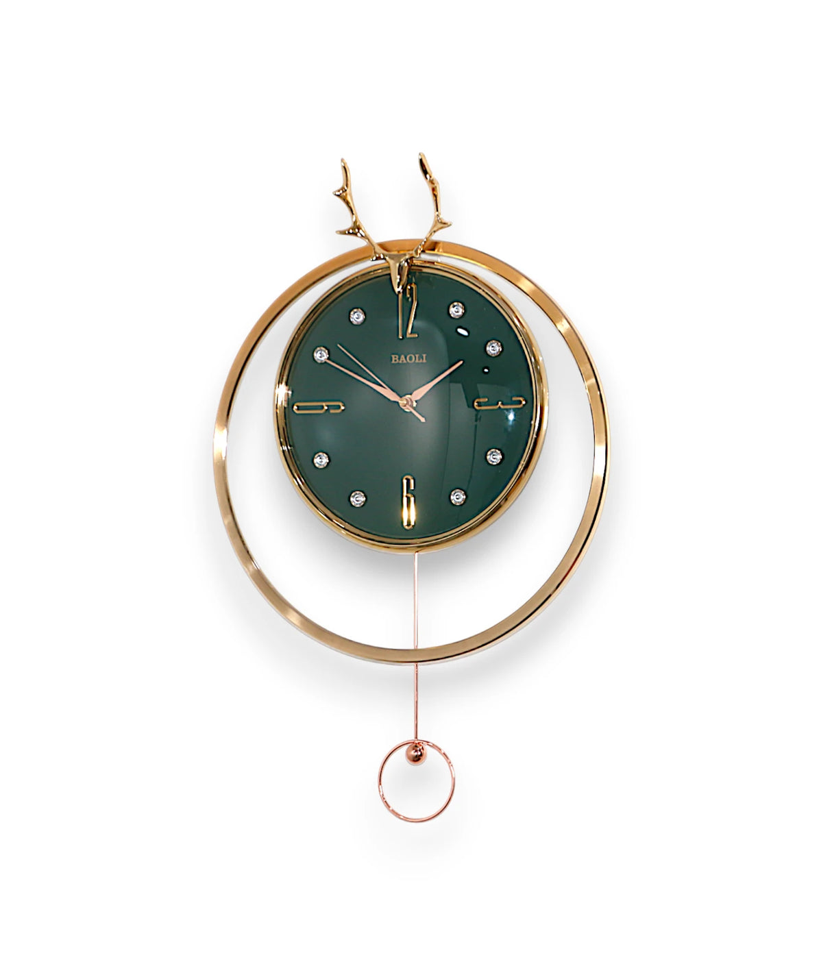 wall clock deer with pendulum golden & green china "14.5x14.5"