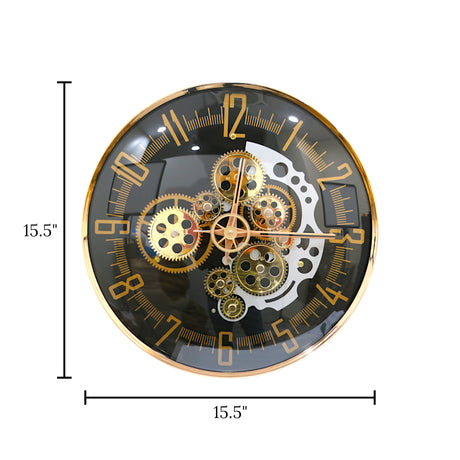 wall clock moving gear golden & black china 15.5"x15.5"