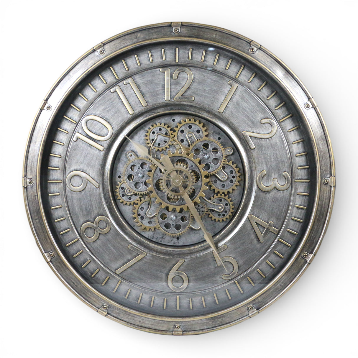 wall clock antique silver moving gear china 23x23