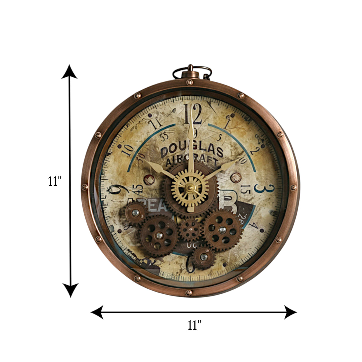 wall clock antique moving gear china 11"x11"