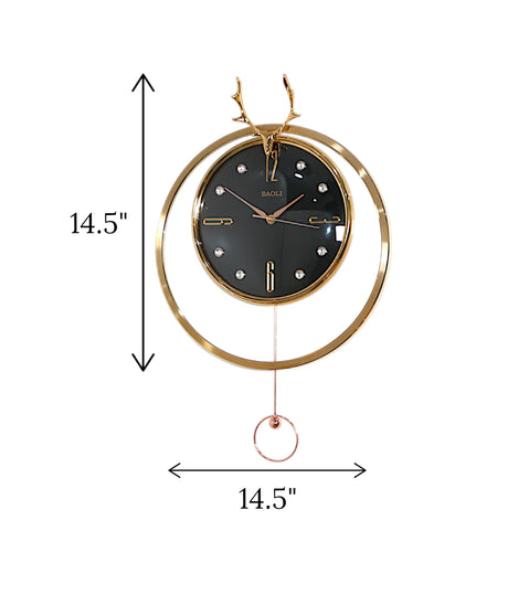 wall clock deer with pendulum golden & black china "14.5x14.5"