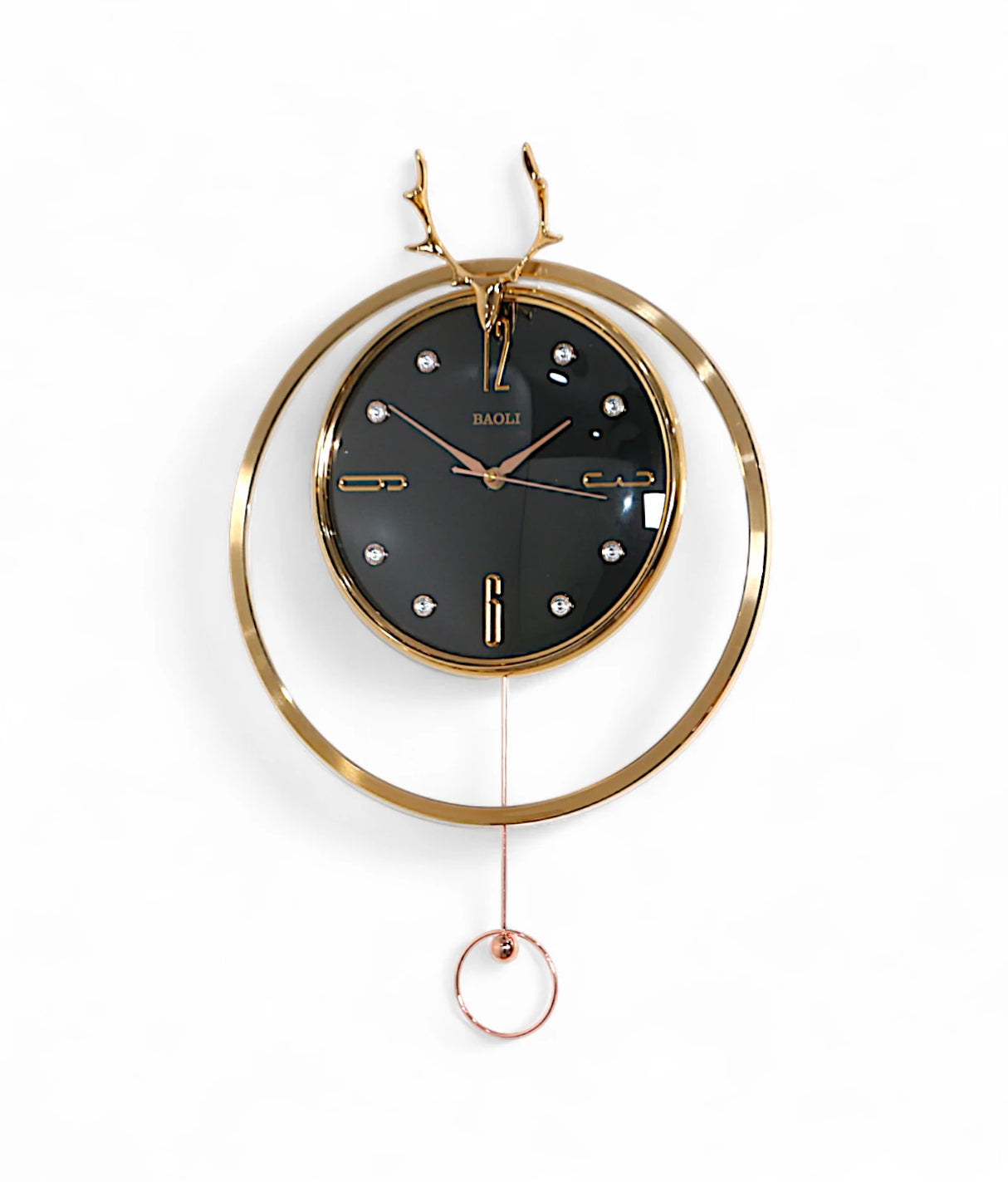wall clock deer with pendulum golden & black china "14.5x14.5"